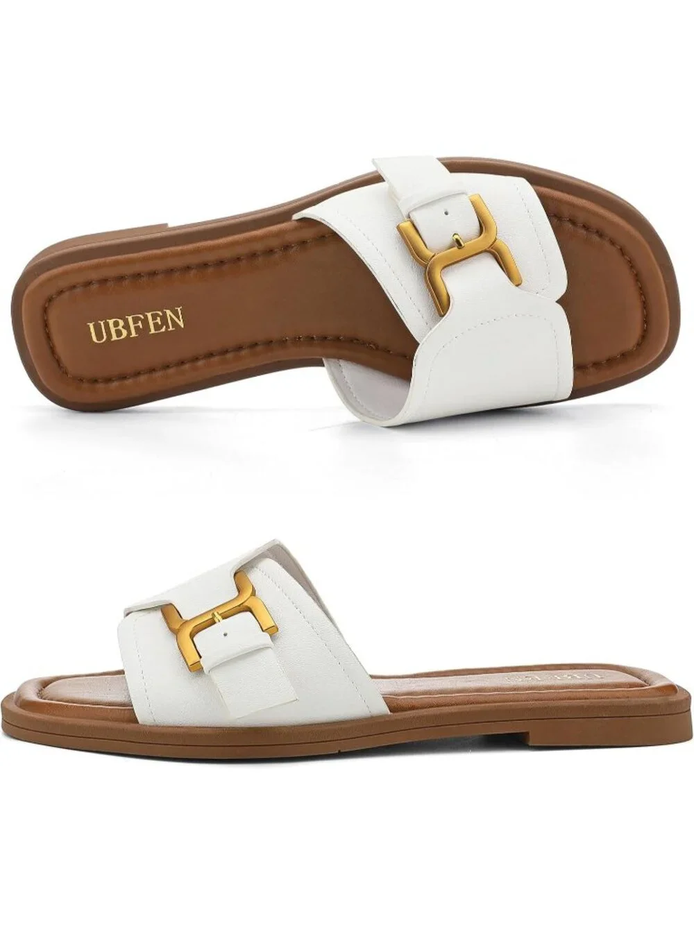 Women's White Brown Square Toe Flat Sandals Slides Dressy Comfortable for Casual